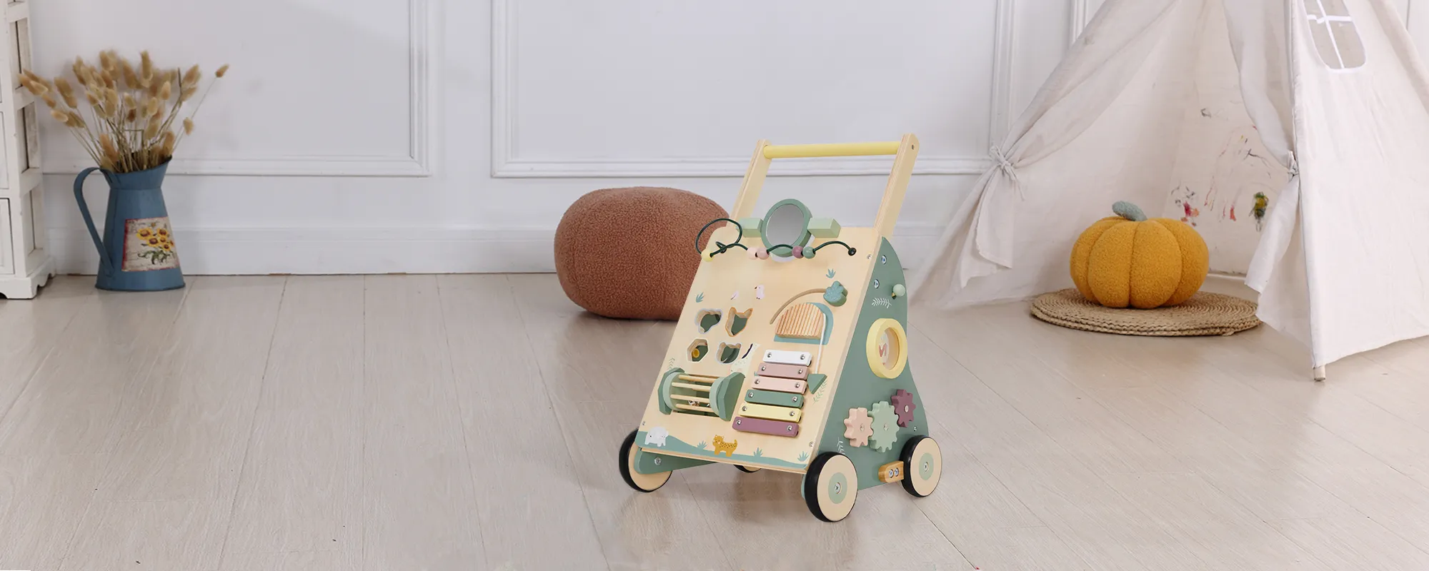 labebe sage green woodland montessori wooden baby push walker with sensory activity panel